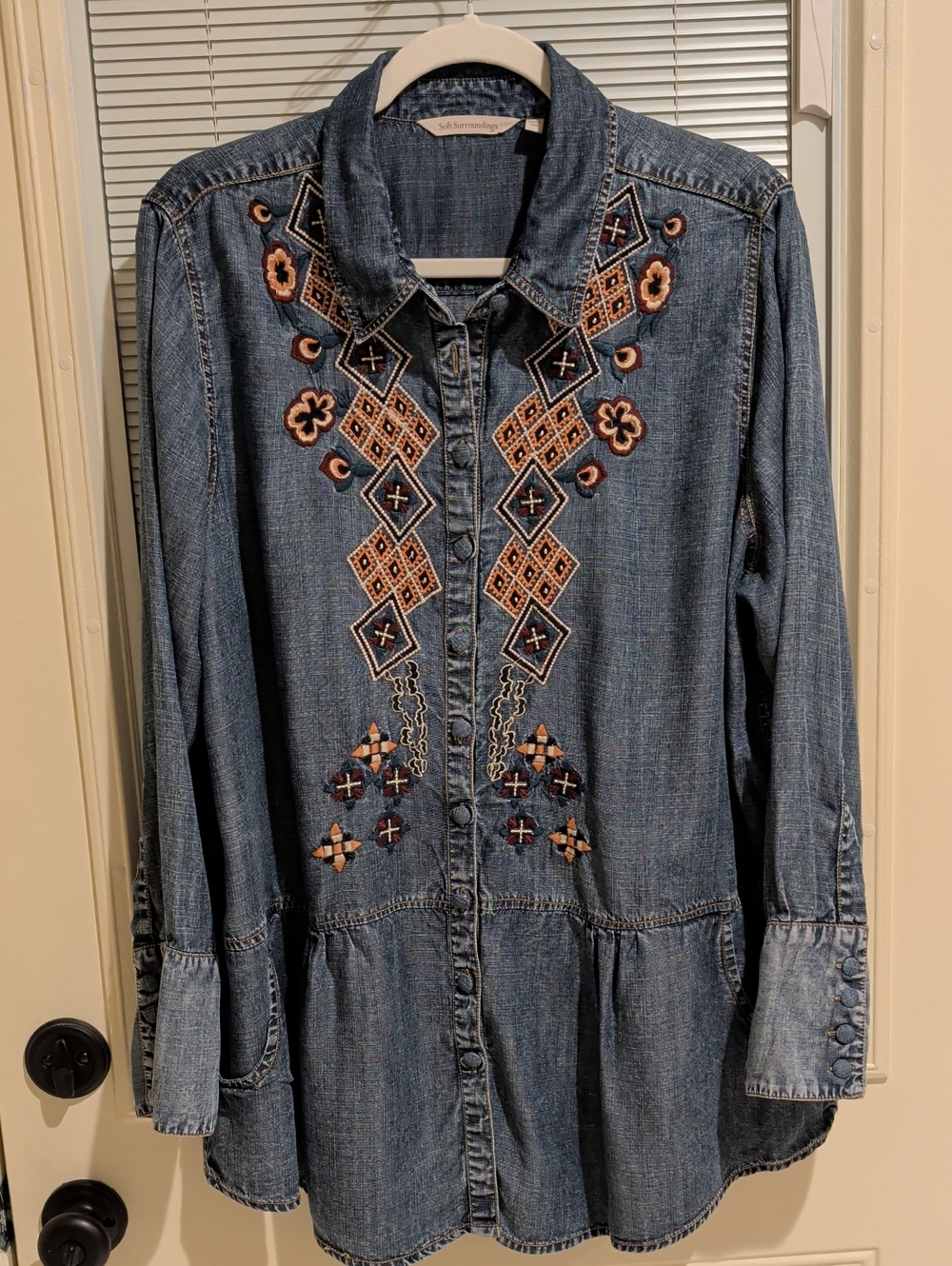 Soft Surroundings Embroidered Denim Button-Down Shirt Blue with Tan Accents XL